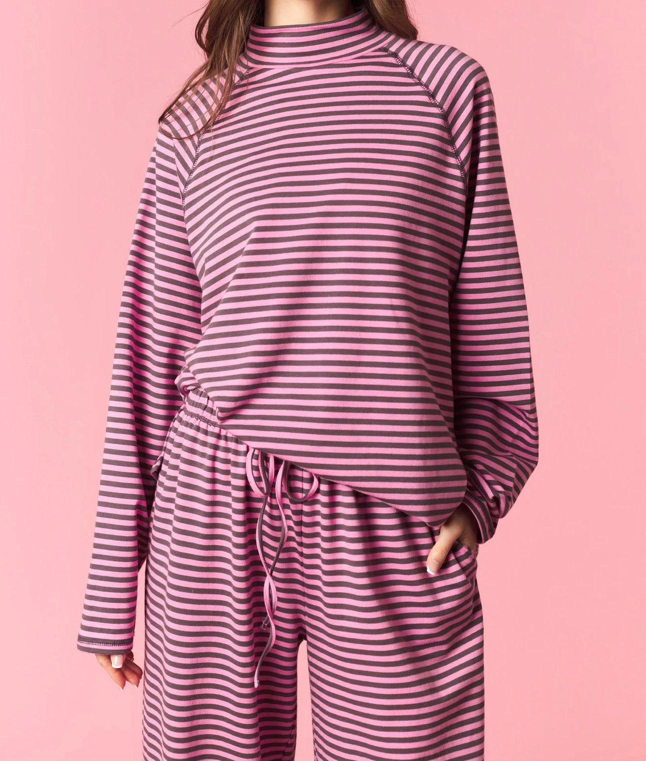 Pink & Charcoal Mock Neck Stripe Set