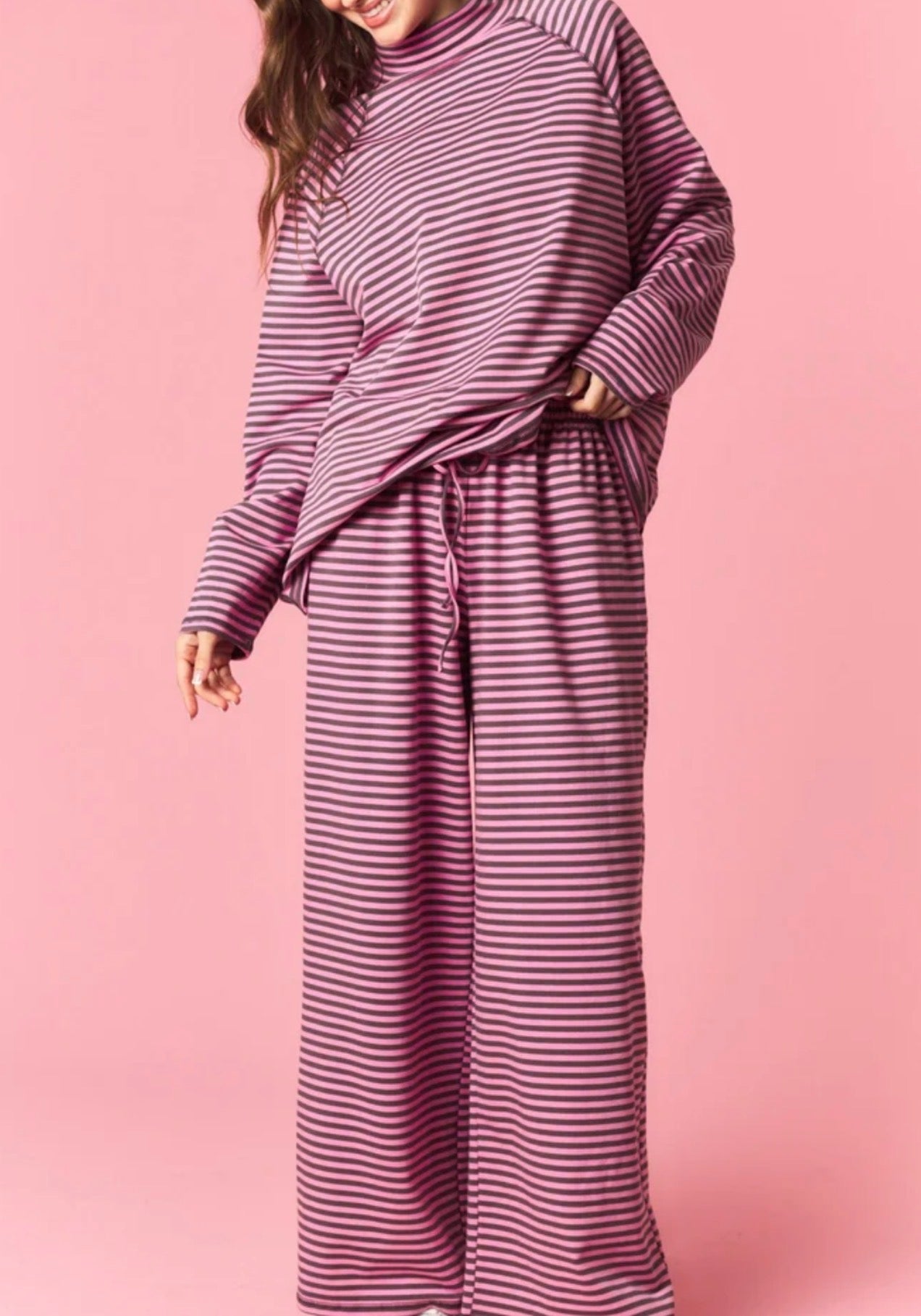 Pink & Charcoal Mock Neck Stripe Set