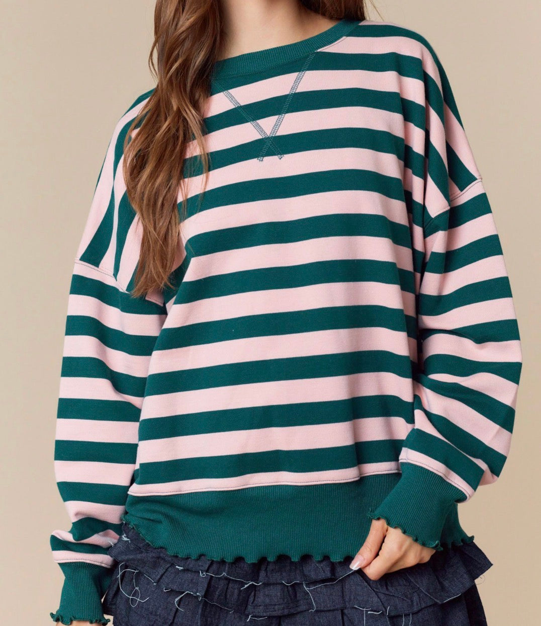 Teal and Pink Striped Crew Sweatshirt