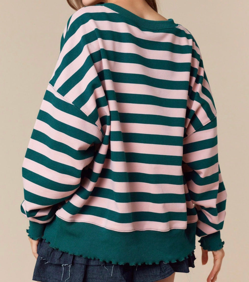 Teal and Pink Striped Crew Sweatshirt
