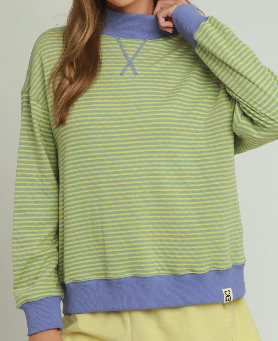 Reversible Stripe-to-Polka Dot Mock Neck Pullover Top
