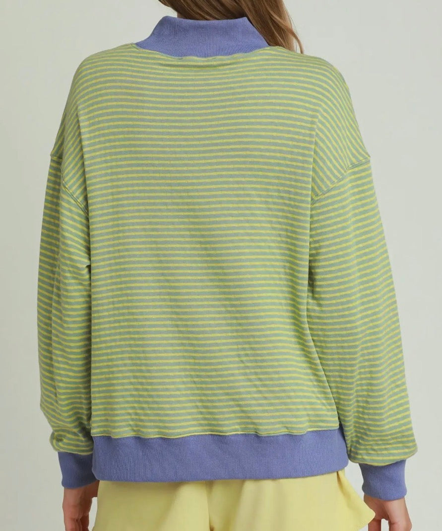 Reversible Stripe-to-Polka Dot Mock Neck Pullover Top