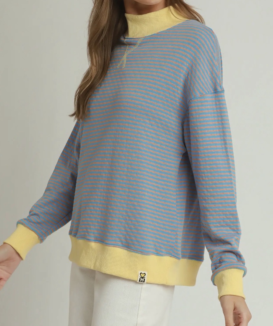Reversible Stripe-to-Polka Dot Mock Neck Pullover Top