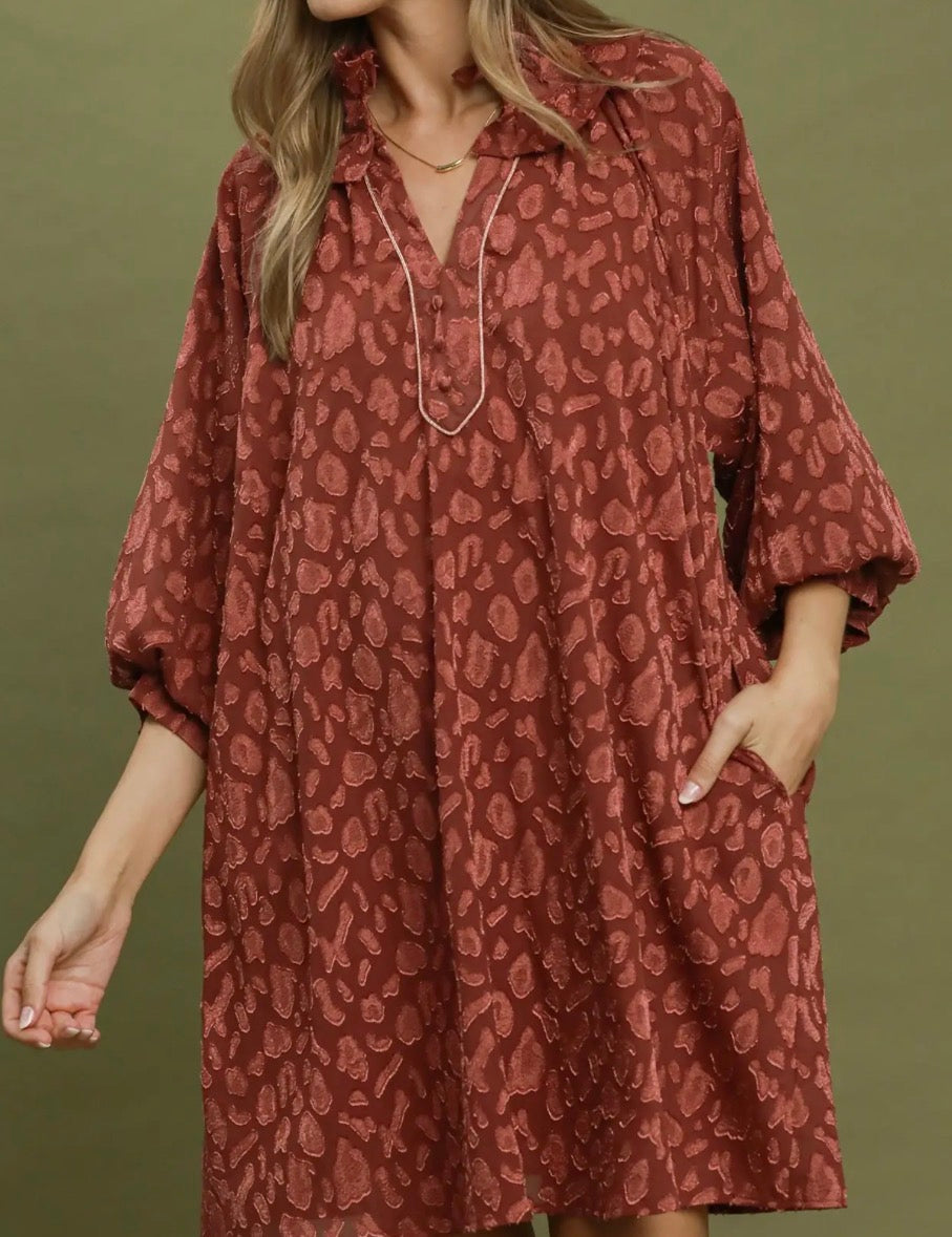 Cinnamon Spot Ruffle Neck Swing Dress