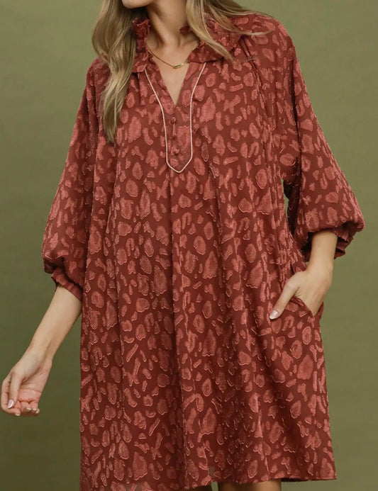 Cinnamon Spot Ruffle Neck Swing Dress