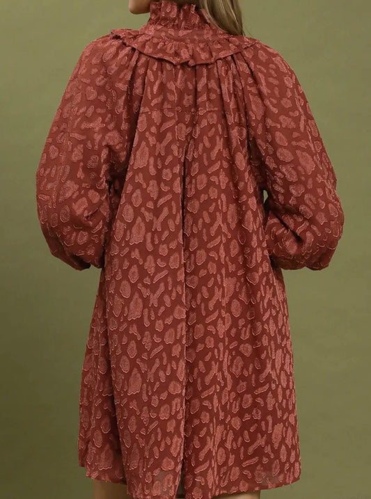 Cinnamon Spot Ruffle Neck Swing Dress