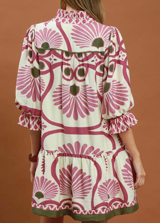 Raspberry Riviera Print Trim Dress