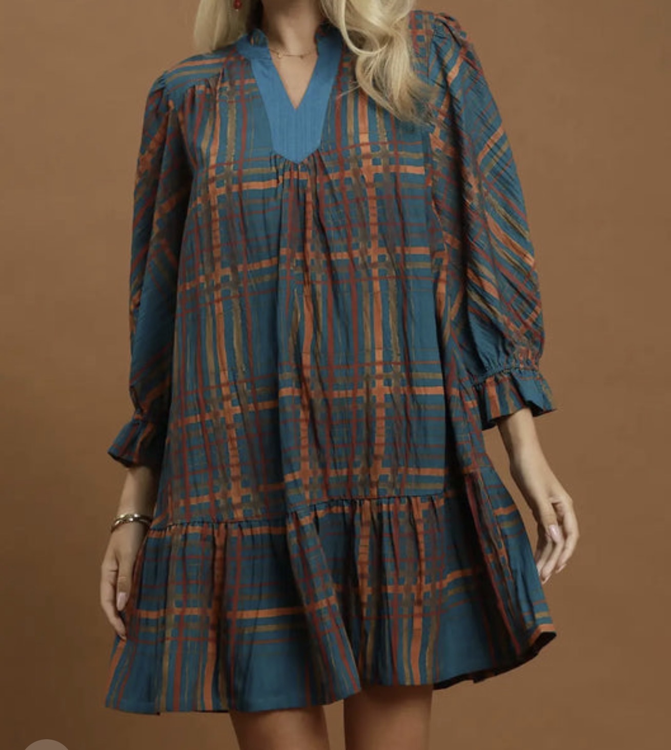 Teal & Toffee Plaid Ruffle-Hem Dress
