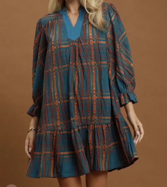 Teal & Toffee Plaid Ruffle-Hem Dress
