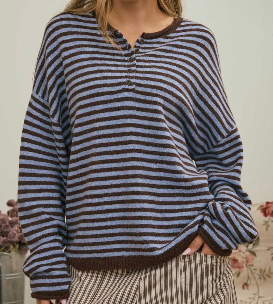 Striped Long Sleeve Button Henley Sweater