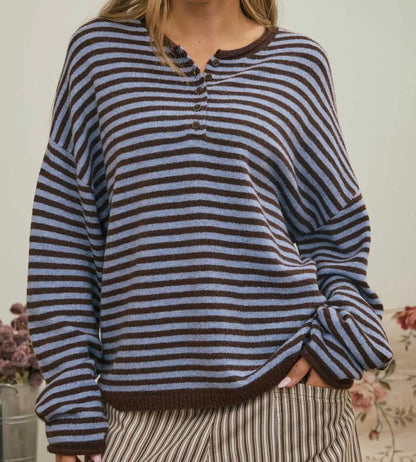 Striped Long Sleeve Button Henley Sweater