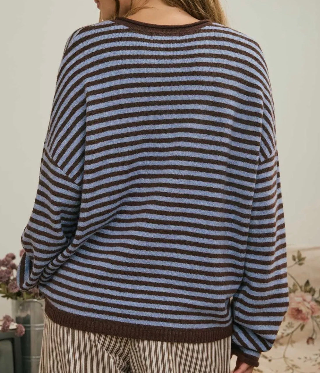 Striped Long Sleeve Button Henley Sweater