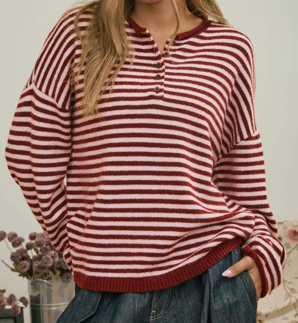 Striped Long Sleeve Button Henley Sweater