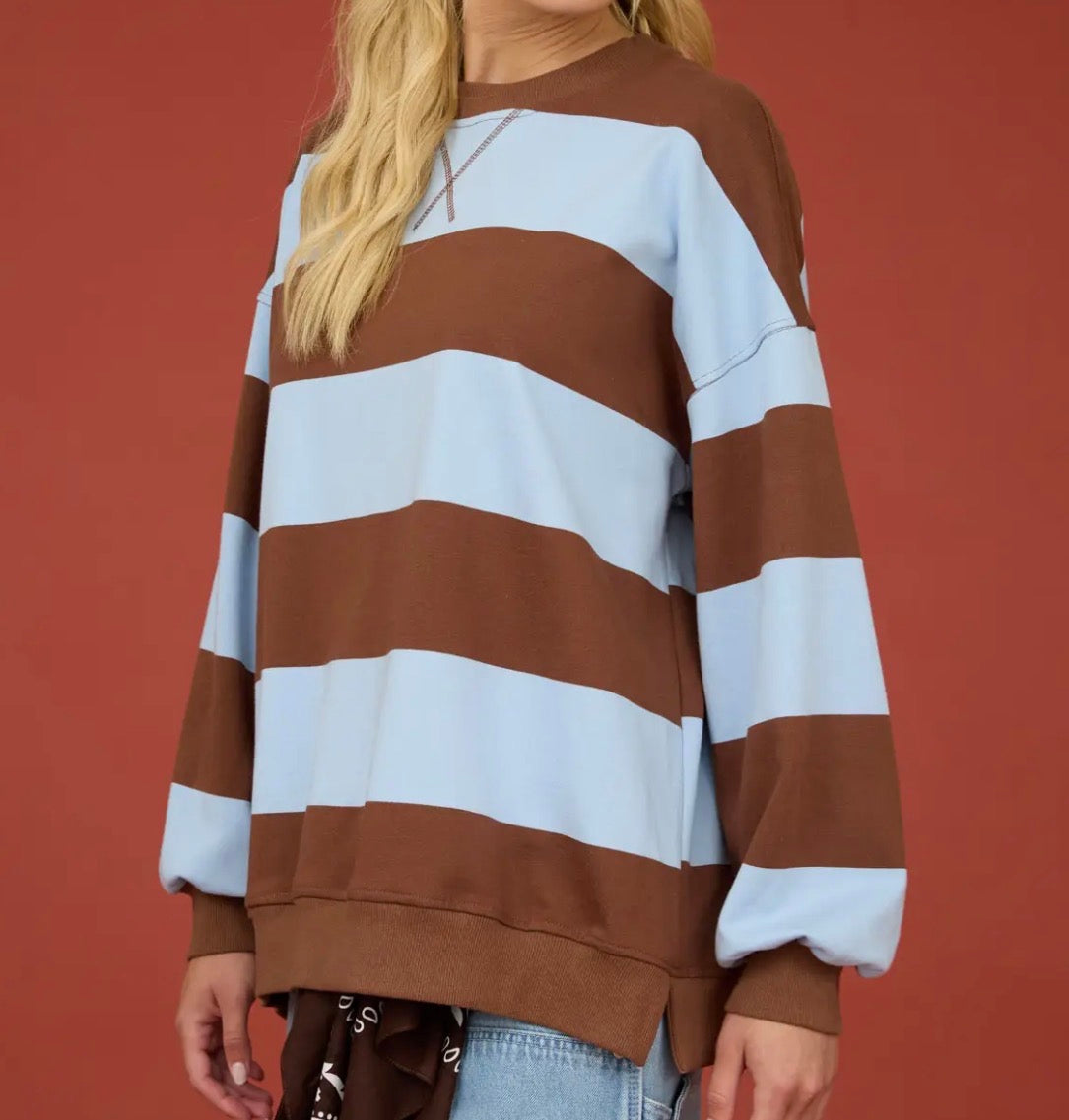 Blue & Brown Oversized Wide Stripe Crewneck Top
