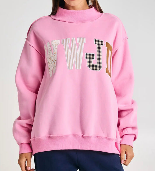 WWJD Pink Embroidered Mockneck Sweatshirt