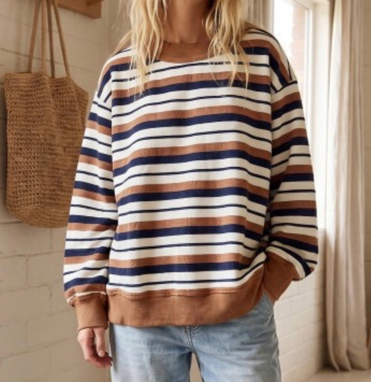 Camel Oversized Striped Sweatshirt