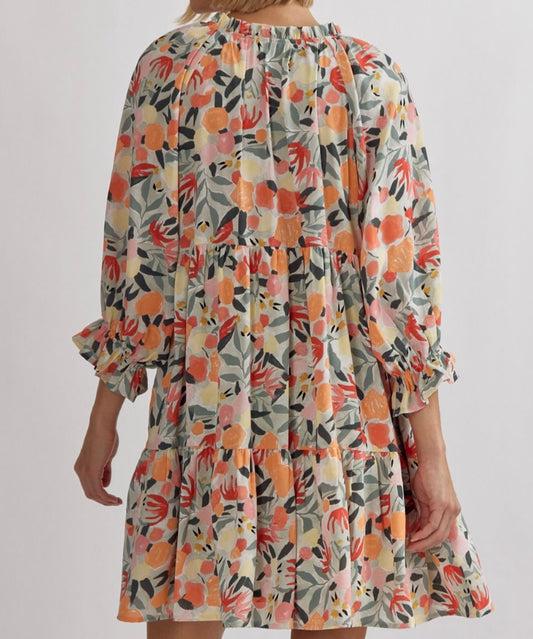Peach Floral 3/4 Sleeve Ruffle Dress