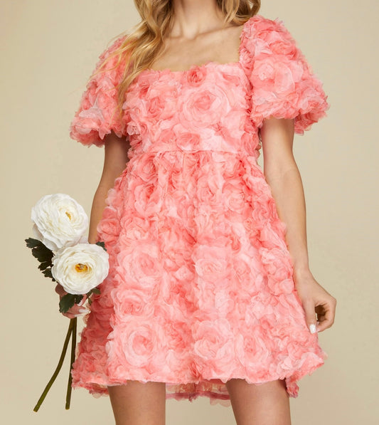 3D Floral Mesh Puff Sleeve Dress