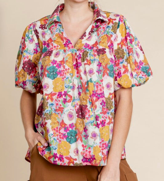 Painted Petals Puff Sleeve Top