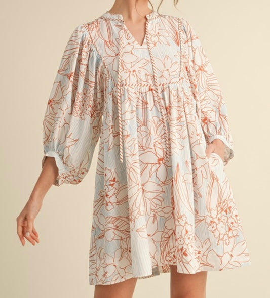 Sketched Romance Tie-Neck Dress