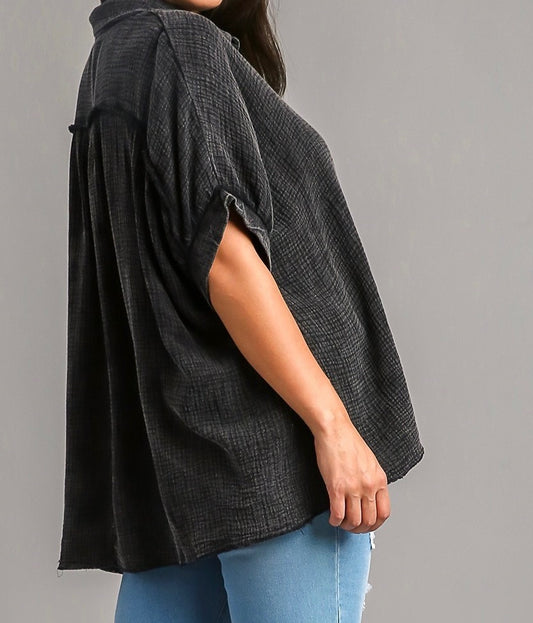Charcoal Waffle Button-Up Top