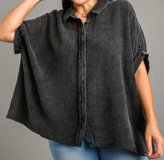 Charcoal Waffle Button-Up Top