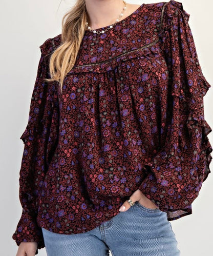 Midnight Bloom Ruffle Sleeve Top