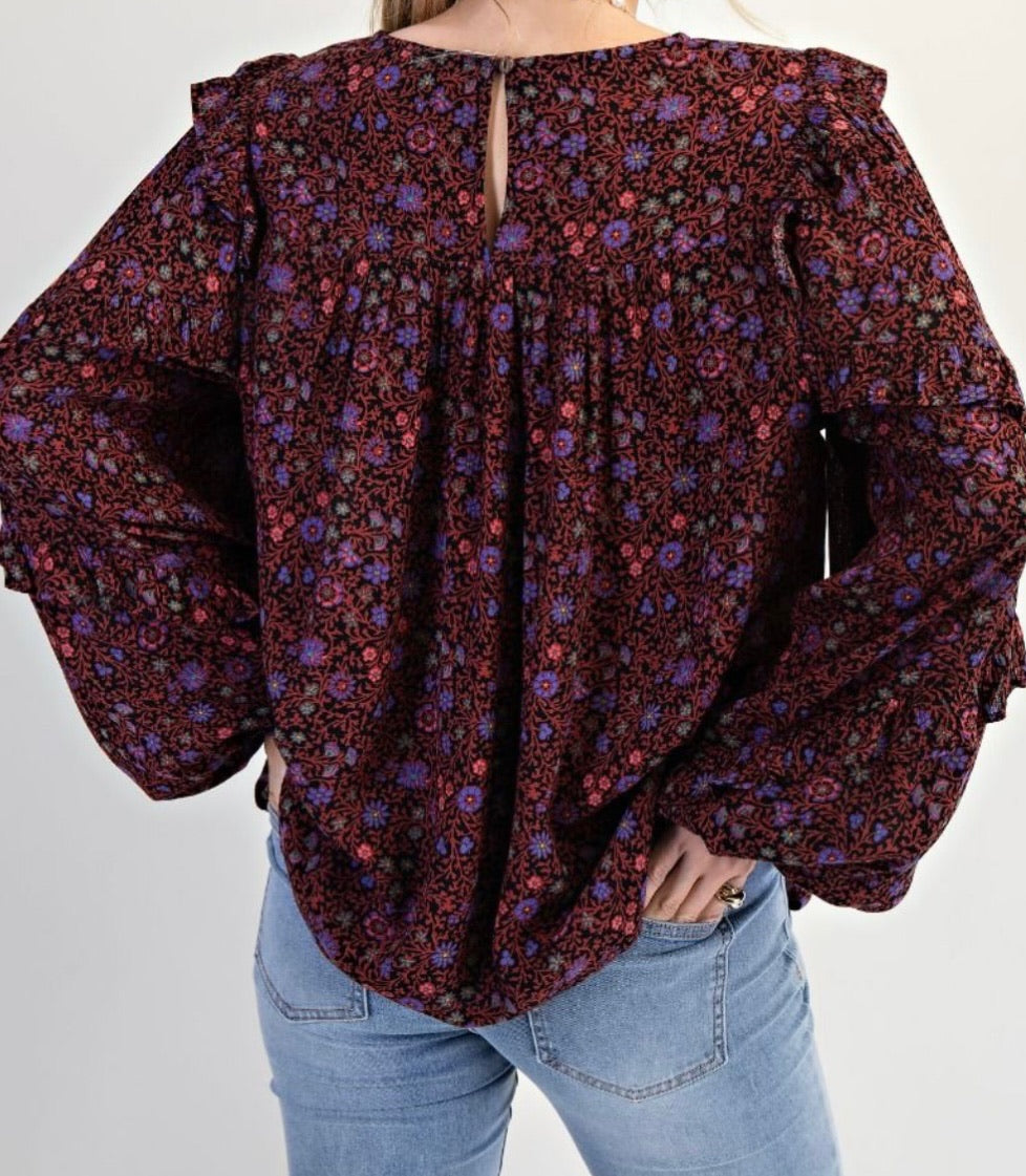 Midnight Bloom Ruffle Sleeve Top