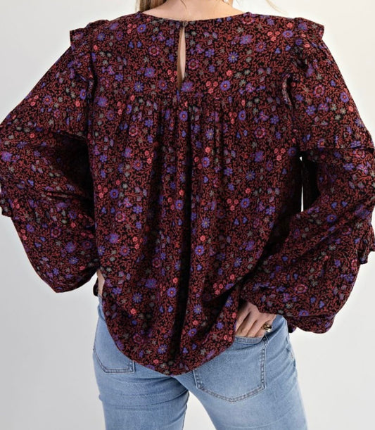 Midnight Bloom Ruffle Sleeve Top