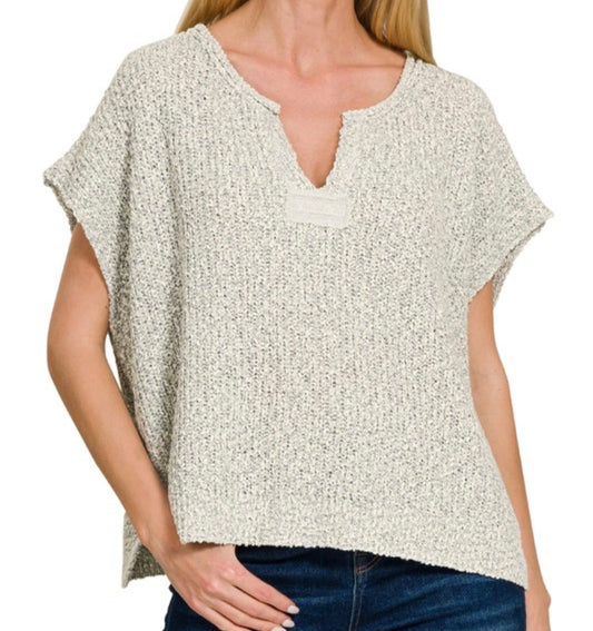 Split-Neck Side Slit Pullover Knit Top