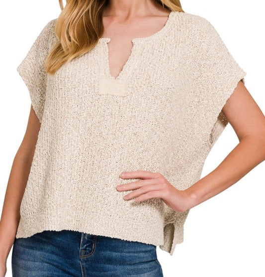 Split-Neck Side Slit Pullover Knit Top