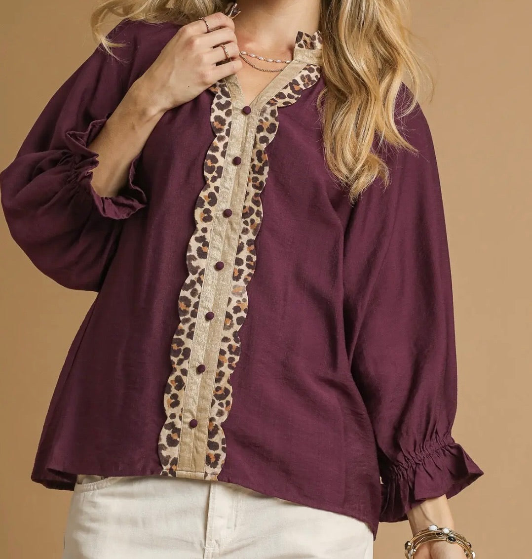 Plum Perfect Leopard Trim Top