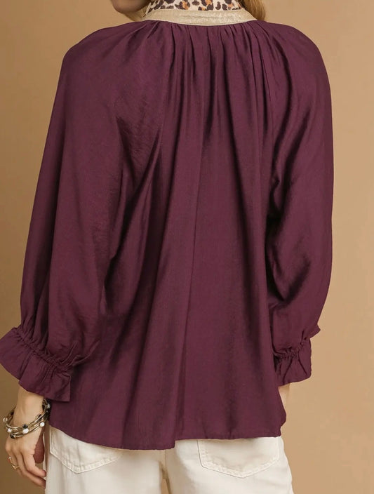Plum Perfect Leopard Trim Top
