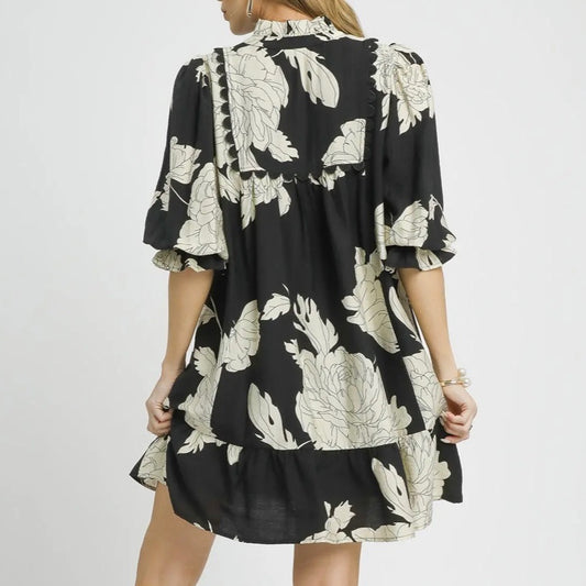 Newsprint Blooms Scalloped Dress