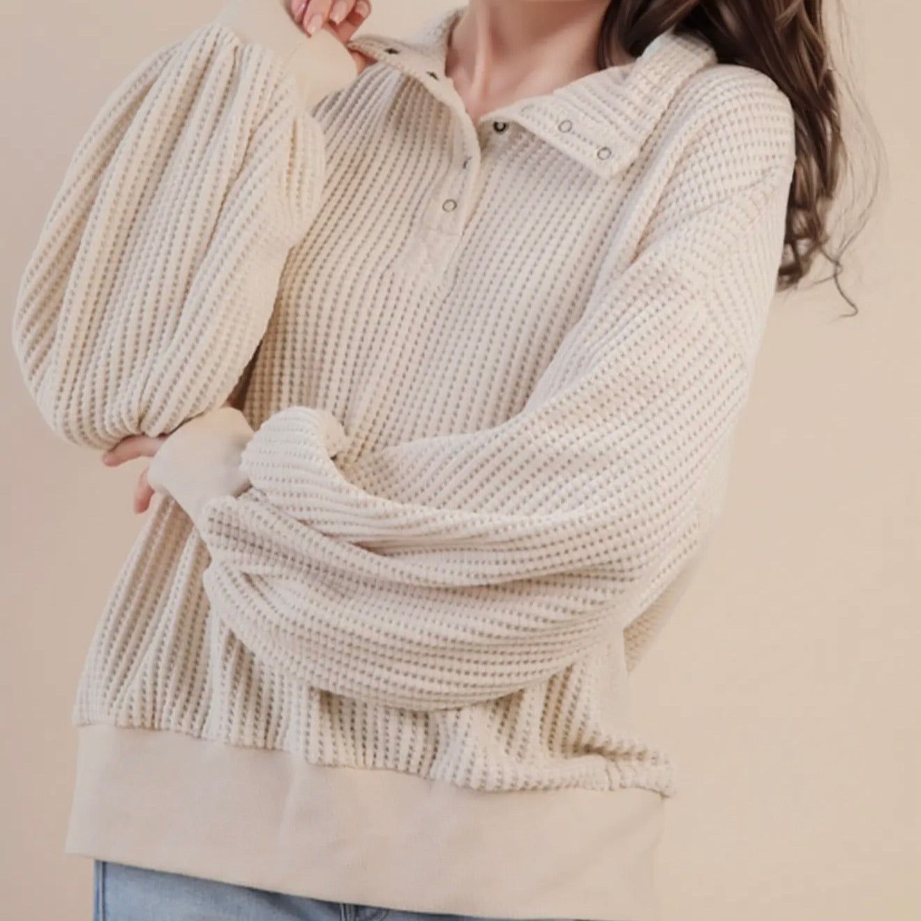 Waffle Knit Snap Collared Pullover