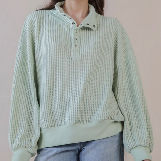 Waffle Knit Snap Collared Pullover