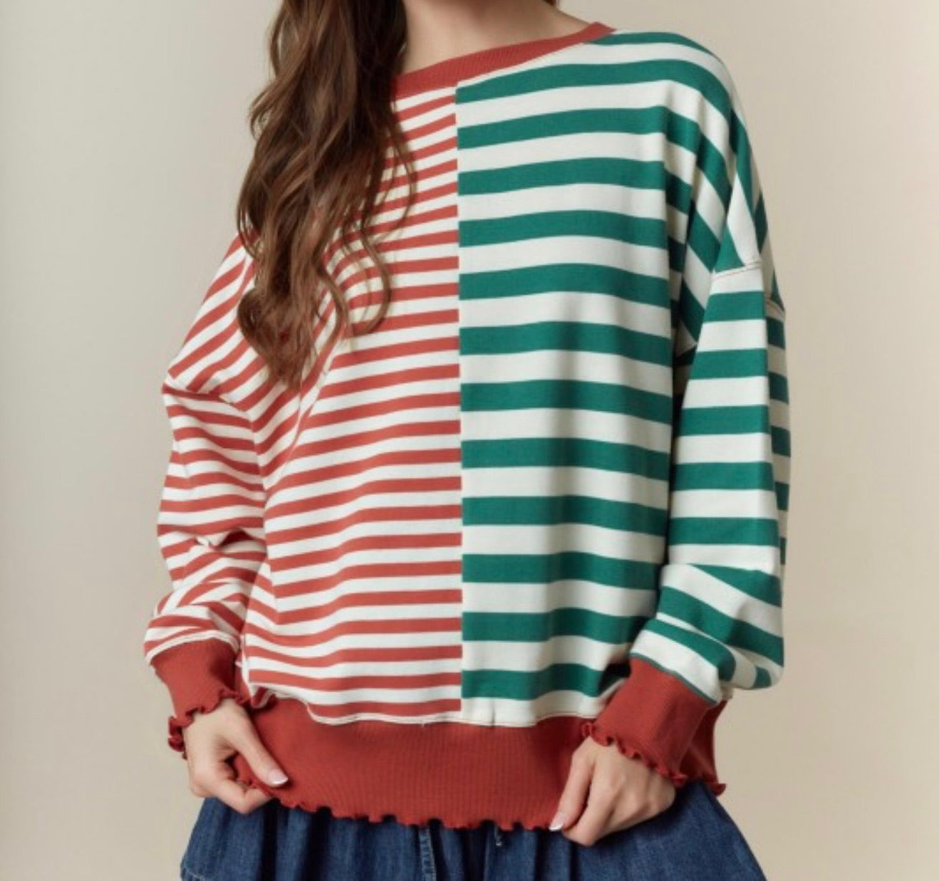 Two Tone Striped Ruffle Hem Pullover
