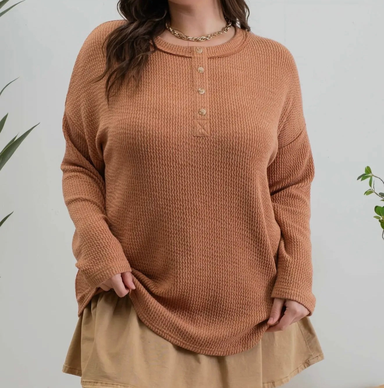 Button Detail Ribbed Plus Top