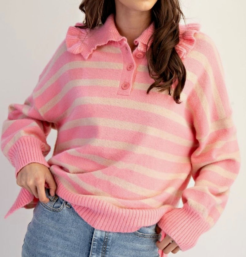 Pink Ruffle Collar Striped Sweater