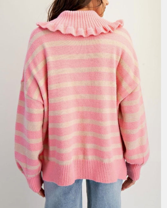 Pink Ruffle Collar Striped Sweater