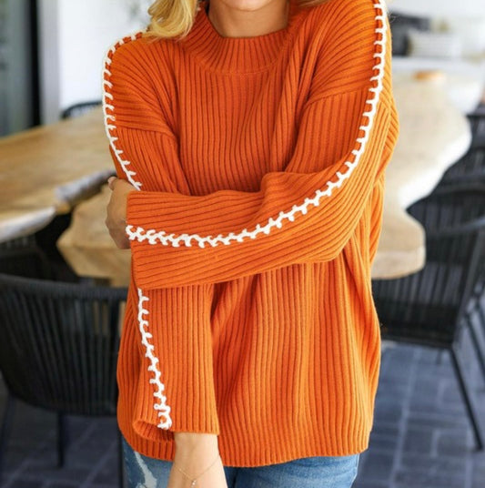 Rust Stitched Sleeve Detail Sweater