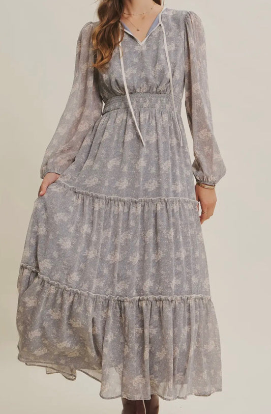 Snow Blossom Smocked Midi Dress