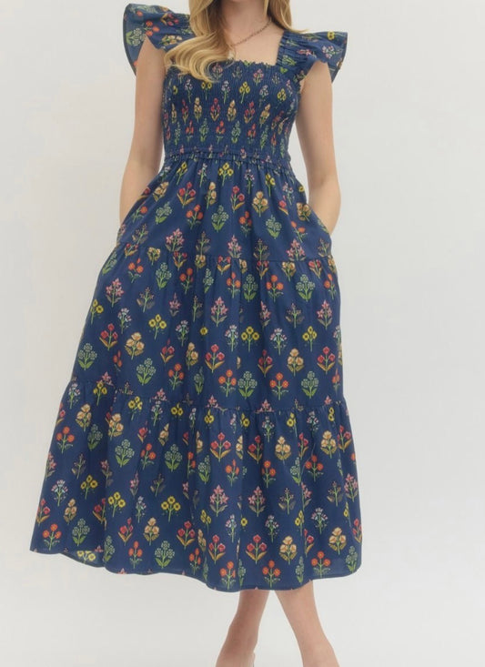 Navy Wildflower Tiered Dress