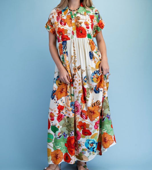 Vintage Bouquet Button Maxi Dress
