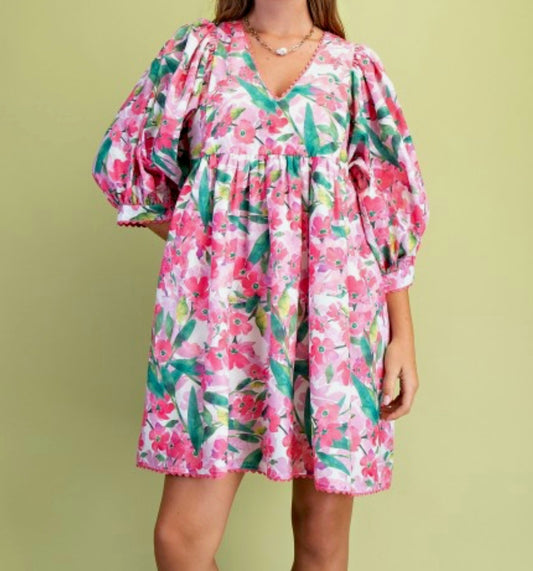 Petal and Palm Puff Sleeve Dress