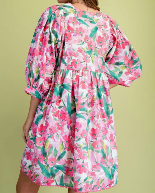 Petal and Palm Puff Sleeve Dress